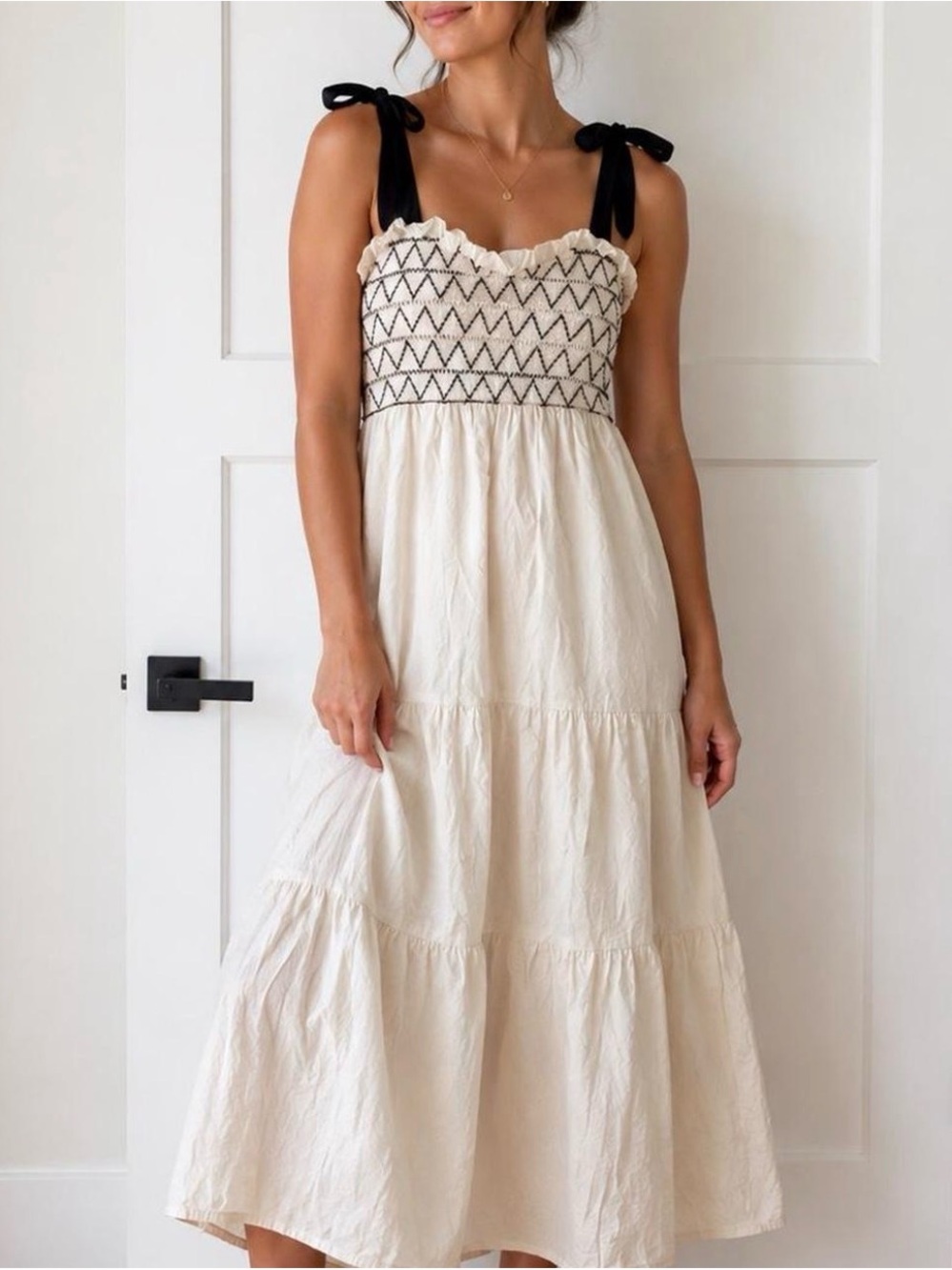 Cream Maxi Dress with Black Embroidered Bodice and Tie Straps